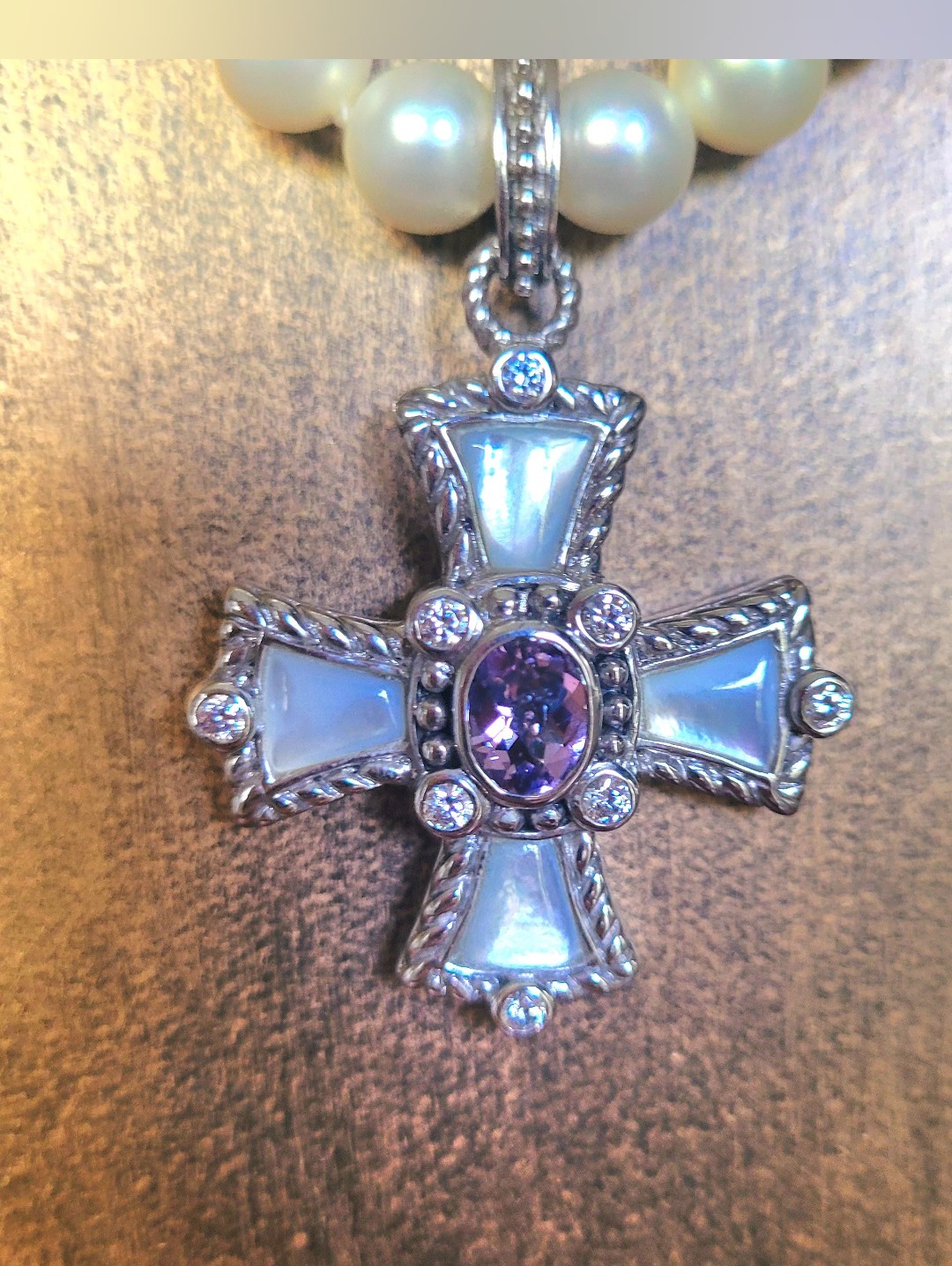 Judith Ripka 925 Silver Cross Pendant & Pearl Necklace